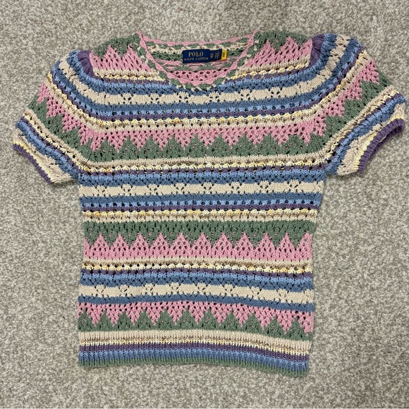 Ralph Lauren Crocheted Knit Sweater Top Crewneck Tee Pastel Vintage Striped S - Picture 6 of 14